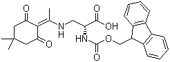 structure of CAS# 210830-03-8, N-Fmoc-[N'-1-(4,4-dimethyl-2,6-dioxocyclohex-1-ylidene)ethyl]-D-2,3-diaminopropionic acid;Fmoc-D-Dap(Dde)-OH; N-alpha-(9-Fluorenylmethyloxycarbonyl)-N-beta-[(4,4-dimethyl-2,6-dioxocyclohex-1-ylidene)ethyl]-D-2,3-diaminopropionic acid
