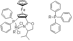 结构式 CAS# 212133-11-4, (-)-[(4S)-4-(异丙基)-2-[(S)-2-(二苯基膦)二茂铁基]噁唑啉](三苯基膦)二氯化钌