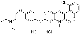 结构式 CAS# 212391-63-4, PD 166285; 6-(2,6-二氯苯基)-2-[[4-[2-(二乙基氨基)乙氧基]苯基]氨基]-8-甲基吡啶并[2,3-d]嘧啶-7(8H)-酮盐酸盐