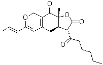 structure of CAS# 21516-68-7, Monascoflavine;(3S,3aR,9aR)-3a,4,8,9a-Tetrahydro-9a-methyl-3-(1-oxohexyl)-6-(1E)-1-propen-1-yl-2H-furo[3,2-g][2]benzopyran-2,9(3H)-dione; Monascoflavin