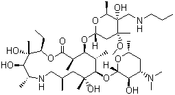 structure of CAS# 217500-96-4, Tulathromycin A;(2R,3S,4R,5R,8R,10R,11R,12S,13S,14R)-13-[[2,6-Dideoxy-3-C-methyl-3-O-methyl-4-C-[(propylamino)methyl]-a-L-ribo-hexopyranosyl]oxy]-2-ethyl-3,4,10-trihydroxy-3,5,8,10,12,14-hexamethyl-11-[[3,4,6-trideoxy-3-(dimethylamino)-b-D-xylo-hexopyranosyl]oxy]-1-oxa-6-azacyclopentadecan-15-one
