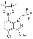 结构式 CAS# 2189684-53-3, 4-氯-7-(4,4,5,5-四甲基-1,3,2-二氧硼杂环戊烷-2-基)-1-(2,2,2-三氟乙基)-1H-吲唑-3-胺