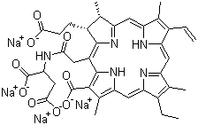 structure of CAS# 220201-34-3, Talaporfin sodium;Tetrasodium (2S)-2-((((7S,8S)-3-carboxylato-7-(2-carboxylatoethyl)-13-ethenyl-18-ethyl-2,8,12,17-tetramethyl-7,8-dihydroporphyrin-5-yl)acetyl)amino)butanedioate