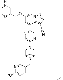 4-[5-[6-[(6-Methoxy-3-pyridinyl)methyl]-3,6-diazabicyclo[3.1.1]hept-3-yl]-2-pyrazinyl]-6-[(2R)-2-morpholinylmethoxy]pyrazolo[1,5-a]pyridine-3-carbonitrile molecular structure (CAS 2222755-14-6)