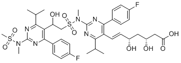 structure of CAS# 2226413-61-0, Rosuvastatin EP Impurity E;(3R,5S,E)-7-(4-(4-Fluorophenyl)-2-(2-(4-(4-fluorophenyl)-6-isopropyl-2-(N-methylmethylsulfonamido)pyrimidin-5-yl)-2-hydroxy-N-methylethylsulfonamido)-6-isopropylpyrimidin-5-yl)-3,5-dihydroxyhept-6-enoic acid