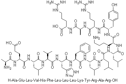 L-Alanyl-L-alpha-glutamyl-L-leucyl-L-valyl-L-histidyl-L-phenylalanyl-L-leucyl-L-leucyl-L-leucyl-L-lysyl-L-tyrosyl-L-arginyl-L-alanyl-L-arginine molecular structure (CAS 224043-30-5)