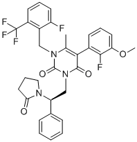 structure of CAS# 2248628-93-3, Elagolix Lactam Impurity;(R)-5-(2-fluoro-3-methoxyphenyl)-1-(2-fluoro-6-(trifluoromethyl)benzyl)-6-methyl-3-(2-(2-oxopyrrolidin-1-yl)-2-phenylethyl)pyrimidine-2,4(1H,3H)-dione