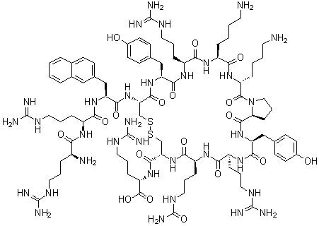 L-Arginyl-L-arginyl-3-(2-naphthalenyl)-L-alanyl-L-cysteinyl-L-tyrosyl-L-arginyl-L-lysyl-D-lysyl-L-prolyl-L-tyrosyl-L-arginyl-N5-(aminocarbonyl)-L-ornithyl-L-cysteinyl-L-arginine cyclic (4→13)-disulfide molecular structure (CAS 229030-20-0)