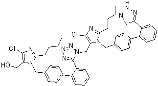 2-丁基-1-[[2'-[1-[[2-丁基-4-氯-1-[[2'-(2H-四唑-5-基)[1,1'-联苯]-4-基]甲基]-1H-咪唑-5-基]甲基]-1H-四唑-5-基][1,1'-联苯]-4-基]甲基]-4-氯-1H-咪唑-5-甲醇分子结构 (CAS 230971-71-8)