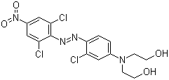 结构式 CAS# 23355-64-8, 分散棕 1; 2,2'-[[3-氯-4-[(2,6-二氯-4-硝基苯基)偶氮]苯基]亚氨]二乙醇