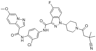 structure of CAS# 2380027-49-4, Src Inhibitor 3;N-[3-chloro-4-[(6-methoxypyrazolo[1,5-a]pyridine-3-carbonyl)amino]phenyl]-1-[1-(3-cyano-3-methylbutanoyl)piperidin-4-yl]-5-fluoroindazole-3-carboxamide