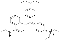 structure of CAS# 2390-60-5, Basic Blue 7;[4-[4-(Diethylamino)-alpha-[4-(ethylamino)-1-naphthyl]benzylidene]cyclohexa-2,5-dien-1-ylidene]diethylammonium chloride; Victoria Pure Blue BO