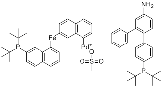 Methanesulfonato 1,1'-Bis(di-tert-butylphosphino) ferrocene (2'-amino-1,1'-biphenyl-2-yl) palladium(II) molecular structure (CAS 2408294-08-4)