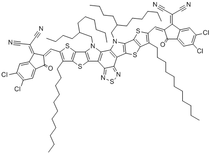 2,2'-(((12,13-Bis(2-butyloctyl)-3,9-diundecyl-12,13-dihydro-[1,2,5]thiadiazolo[3,4-e]thieno[2'',3'':4',5']thieno[2',3':4,5]pyrrolo[3,2-g]thieno[2',3':4,5]thieno[3,2-b]indole-2,10-diyl)bis(methaneylylidene))bis(5,6-dichloro-3-oxo-2,3-dihydro-1H-indene-2,1-diylidene))dimalononitrile molecular structure (CAS 2414918-25-3)