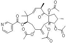 3-Pyridinecarboxylic acid (2S,3S,3aR,4R,6R,8R,10E,12R,13aR)-3,4,6,13a-tetrakis(acetyloxy)-2,3,3a,4,5,6,7,8,9,12,13,13a-dodecahydro-2,9,9,12-tetramethyl-5-methylene-13-oxo-1H-cyclopentacyclododecen-8-yl ester   molecular structure (CAS 244277-75-6)