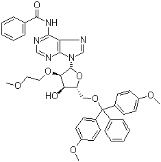 structure of CAS# 251647-48-0, N-Benzoyl-5'-O-[bis(4-methoxyphenyl)phenylmethyl]-2'-O-(2-methoxyethyl)adenosine;N-[9-[(2R,3R,4R,5R)-5-[[bis(4-methoxyphenyl)-phenylmethoxy]methyl]-4-hydroxy-3-(2-methoxyethoxy)oxolan-2-yl]purin-6-yl]benzamide