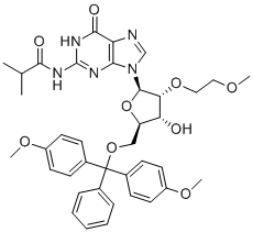 N-(9-((2R,3R,4R,5R)-5-((Bis(4-methoxyphenyl)(phenyl)methoxy)methyl)-4-hydroxy-3-(2-methoxyethoxy)tetrahydrofuran-2-yl)-6-oxo-6,9-dihydro-1H-purin-2-yl)isobutyramide molecular structure (CAS 251647-50-4)