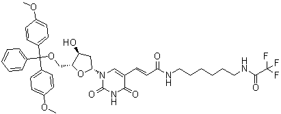 5'-O-[Bis(4-methoxyphenyl)phenylmethyl]-2'-deoxy-5-[3-oxo-3-[[6-[(2,2,2-trifluoroacetyl)amino]hexyl]amino]-1-propen-1-yl]uridine molecular structure (CAS 252337-59-0)