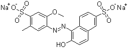 结构式 CAS# 25956-17-6, 诱惑红; 6-羟基-5-[(2-甲氧基-5-甲基-4-磺酸苯基)偶氮]-2-萘磺酸二钠盐