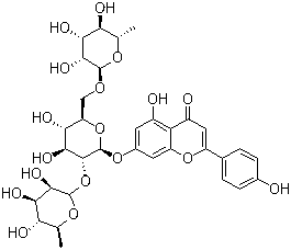 structure of CAS# 260413-62-5, Ligustroflavone;Nuezhenoside; 7-[(O-6-Deoxy-alpha-L-mannopyranosyl-(1->2)-O-[6-deoxy-alpha-L-mannopyranosyl-(1->6)]-beta-D-glucopyranosyl)oxy]-5-hydroxy-2-(4-hydroxyphenyl)- 4H-1-benzopyran-4-one