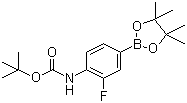 structure of CAS# 262444-42-8, 4-(tert-Butoxycarbonylamino)-3-fluorophenylboronic acid pinacol ester;N-[2-Fluoro-4-(4,4,5,5-tetramethyl-1,3,2-dioxaborolan-2-yl)phenyl]carbamate