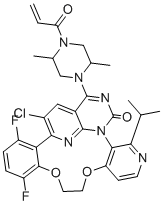 19-Chloro-22-(2,5-dimethyl-4-prop-2-enoylpiperazin-1-yl)-13,16-difluoro-3-propan-2-yl-8,11-dioxa-1,4,23,26-tetrazapentacyclo[16.6.2.02,7.012,17.021,25]hexacosa-2(7),3,5,12,14,16,18,20,22,25-decaen-24-one molecular structure (CAS 2641216-67-1)