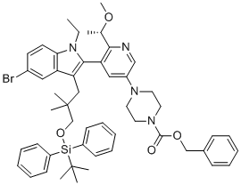 benzyl (S)-4-(5-(5-bromo-3-(3-((tert-butyldiphenylsilyl)oxy)-2,2-dimethylpropyl)-1-ethyl-1H-indol-2-yl)-6-(1-methoxyethyl)pyridin-3-yl)piperazine-1-carboxylate molecular structure (CAS 2641451-81-0)