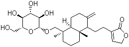 structure of CAS# 27215-14-1, Neoandrographolide;3-[2-[(4aS,5R,8aS)-5,8a-Dimethyl-2-methylidene-5-[[(2R,3R,4S,5S,6R)-3,4,5-trihydroxy-6-(hydroxymethyl)oxan-2-yl]oxymethyl]-3,4,4a,6,7,8-hexahydro-1H-naphthalen-1-yl]ethyl]-5H-furan-2-one