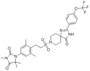 1-(3,5-dimethyl-4-(2-((4-oxo-2-(4-(trifluoromethoxy)phenyl)-1,3,8-triazaspiro[4.5]dec-1-en-8-yl)sulfonyl)ethyl)phenyl)-3,5,5-trimethylimidazolidine-2,4-dione molecular structure (CAS 2766697-63-4)