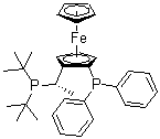 structure of CAS# 277306-29-3, (2R)-1-[(1S)-1-[Bis(1,1-dimethylethyl)phosphino]ethyl]-2-(diphenylphosphino)ferrocene;1,2,3,4,5-Cyclopentanepentayl, compd. with 1-[(1S)-1-[bis(1,1-dimethylethyl)phosphino]ethyl]-2-(diphenylphosphino)-1,2,3,4,5-cyclopentanepentayl, iron salt (1:1:1)
