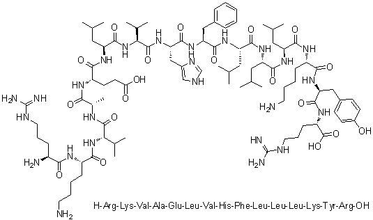 L-Arginyl-L-lysyl-L-valyl-L-alanyl-L-alpha-glutamyl-L-leucyl-L-valyl-L-histidyl-L-phenylalanyl-L-leucyl-L-leucyl-L-leucyl-L-lysyl-L-tyrosyl-L-arginine molecular structure (CAS 290833-98-6)