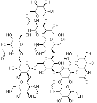 O-2-(Acetylamino)-2-deoxy-beta-D-glucopyranosyl-(1→2)-O-[2-(acetylamino)-2-deoxy-beta-D-glucopyranosyl-(1→4)]-O-alpha-D-mannopyranosyl-(1→3)-O-[O-2-(acetylamino)-2-deoxy-beta-D-glucopyranosyl-(1→2)-O-[2-(acetylamino)-2-deoxy-beta-D-glucopyranosyl-(1→6)]-alpha-D-mannopyranosyl-(1→6)]-O-beta-D-mannopyranosyl-(1→4)-O-2-(acetylamino)-2-deoxy-beta-D-glucopyranosyl-(1→4)-O-[6-deoxy-alpha-L-galactopyranosyl-(1→3)]-2-(acetylamino)-2-deoxy-D-glucose molecular structure (CAS 321142-61-4)