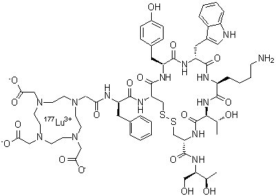 [N-[2-[4,7,10-Tris[(carboxy)methyl]-1,4,7,10-tetraazacyclododec-1-yl]acetyl]-D-phenylalanyl-L-cysteinyl-L-tyrosyl-D-tryptophyl-L-lysyl-L-threonyl-N-[(1R,2R)-2-hydroxy-1-(hydroxymethyl)propyl]-L-cysteinamide cyclic (2→7)-disulfidato]lutetium-177Lu molecular structure (CAS 321835-55-6)