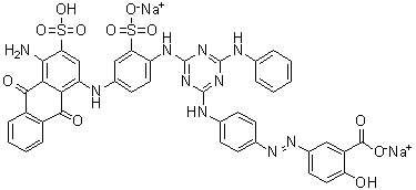 5-[[4-[[4-[[4-[(4-氨基-9,10-二氢-9,10-二氧代-3-磺基-1-蒽基)氨基]-2-磺基苯基]氨基]-6-(苯基氨基)-1,3,5-三嗪-2-基]氨基]苯基]偶氮]-2-羟基苯甲酸二钠盐分子结构 (CAS 32582-78-8)