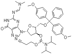 structure of CAS# 330628-04-1, 5'-O-[Bis(4-methoxyphenyl)phenylmethyl]-2'-deoxy-N-[(dimethylamino)methylene]guanosine 3'-[2-cyanoethyl bis(1-methylethyl)phosphoramidite]