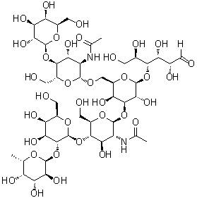 O-6-Deoxy-alpha-L-galactopyranosyl-(1→2)-O-beta-D-galactopyranosyl-(1→4)-O-2-(acetylamino)-2-deoxy-beta-D-glucopyranosyl-(1→3)-O-[O-beta-D-galactopyranosyl-(1→4)-2-(acetylamino)-2-deoxy-beta-D-glucopyranosyl-(1→6)]-O-beta-D-galactopyranosyl-(1→4)-D-glucose molecular structure (CAS 341511-38-4)