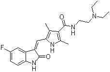 structure of CAS# 342641-94-5, N-(2-(Diethylamino)ethyl)-5-((5-fluoro-2-oxoindolin-3-ylidene)methyl)-2,4-dimethyl-1H-pyrrole-3-carboxamide