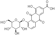 structure of CAS# 34298-86-7, Rhein-8-glucoside;5-(beta-D-Glucopyranosyloxy)-9,10-dihydro-4-hydroxy-9,10-dioxo-2-anthracenecarboxylic acid; 8-Glucosidorhein-9-anthrone; 8-Glucosylrhein; Glucorein; Rhein 8-O-glucoside; Rhein 8-O-beta-D-glucopyranoside