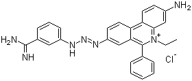 structure of CAS# 34301-55-8, Isometamidium chloride;3-[2-(3-Amino-5-ethyl-6-phenylphenanthridin-5-ium-8-yl)iminohydrazinyl]benzenecarboximidamide chloride