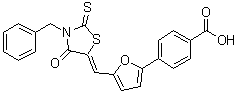 structure of CAS# 344897-95-6, Leukadherin 1;4-[5-[[4-Oxo-3-(phenylmethyl)-2-thioxo-5-thiazolidinylidene]methyl]-2-furanyl]benzoic acid