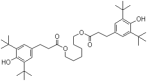 structure of CAS# 35074-77-2, Hexamethylene bis[3-(3,5-di-tert-butyl-4-hydroxyphenyl)propionate];3,5-Bis(1,1-dimethylethyl)-4-hydroxy-benzenepropanoic acid 1,6-hexanediyl ester; Irganox-259