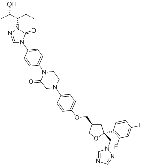 structure of CAS# 357189-94-7, Posaconazole 3-OXO impurity;2-[(1S,2S)-1-Ethyl-2-hydroxypropyl]-4-[4-[2-oxo-4-[4-[[(3R)-5-(2,4-difluorophenyl)-5beta-(1H-1,2,4-triazole-1-ylmethyl)tetrahydrofuran-3beta-yl]methoxy]phenyl]piperazino]phenyl]-2,4-dihydro-3H-1,2,4-triazole-3-one