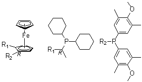 (1R)-1-[Bis(4-methoxy-3,5-dimethylphenyl)phosphino]-2-[(1R)-1-(dicyclohexylphosphino)ethyl]ferrocene molecular structure (CAS 360048-63-1)