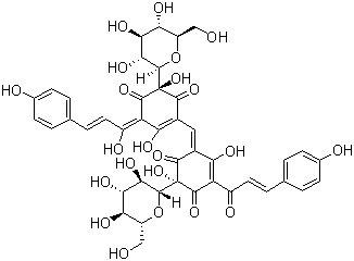 structure of CAS# 36338-96-2, Carthamine;Safflower Yellow; 6-beta-D-Glucopyranosyl-2-((3-beta-D-glucopyranosyl-2,3,4-trihydroxy-5-(3-(4-hydroxyphenyl)-1-oxo-2-propenyl)-6-oxo-1,4-cyclohexadien-1-yl)methylene)-5,6-dihydroxy-4-(3-(4-hydroxyphenyl)-1-oxo-2-propenyl)-4-cyclohexene-1,3-dione
