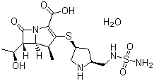 结构式 CAS# 364622-82-2, 多尼培南(一水合物); (+)-(4R,5S,6S)-6-[(1R)-1-羟基乙基]-4-甲基-7-氧代-3-[[(3S,5S)-5-[(氨基磺酰氨基)-甲基]-3-吡咯烷基]硫]-1-氮杂双环[3.2.0]庚-2-烯-2-甲酸一水合物