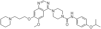 structure of CAS# 387867-13-2, Tandutinib;4-[6-Methoxy-7-(3-piperidin-1-ylpropoxy)quinazolin-4-yl]-N-(4-propan-2-yloxyphenyl)piperazine-1-carboxamide; (4-(6-Methoxy-7-(3-piperidylpropoxy)quinazolin-4-yl)piperazinyl)-N-(4-(methylethoxy)phenyl)carboxamide