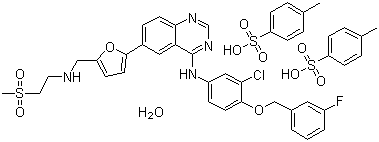 structure of CAS# 388082-78-8, Lapatinib ditosylate monohydrate;N-(3-Chloro-4-((3-fluorophenyl)methoxy)phenyl)-6-(5-(((2-(methylsulfonyl)ethyl)amino)methyl)-2-furanyl)-4-quinazolinamine bis(4-methylbenzenesulfonate) monohydrate