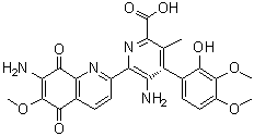 structure of CAS# 3930-19-6, Bruneomycin;5-Amino-6-(7-amino-5,8-dihydro-6-methoxy-5,8-dioxo-2-quinolyl)-4-(2-hydroxy-3,4-dimethoxyphenyl)-3-methylpicolinic acid; 5278RP; AO 50165L302; Abbott Crystalline antibiotic; Bruneomycin; NSC 45383; NSC 56748; NSC 83950; Nigrin; Rufocromomycin; SN; STP; Streptonigran; Streptonigrin