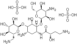 结构式 CAS# 39831-55-5, 硫酸阿米卡星; O-3-氨基-3-脱氧-alpha-D-葡吡喃糖基-(1→6)-O-[(6-氨基-6-脱氧-alpha-D-葡吡喃糖基-(1→4)]-N-(4-氨基-2-羟基-1-氧丁基)-2-脱氧-D-链霉胺硫酸盐