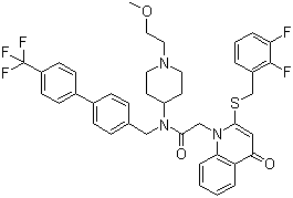 structure of CAS# 412950-08-4, Rilapladib;2-[[(2,3-Difluorophenyl)methyl]thio]-N-[1-(2-methoxyethyl)-4-piperidinyl]-4-oxo-N-[[4'-(trifluoromethyl)[1,1'-biphenyl]-4-yl]methyl]-1(4H)-quinolineacetamide